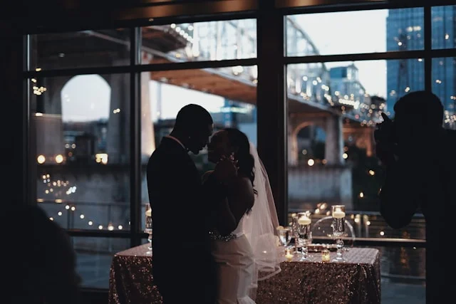 A photo of the bride and groom at their wedding that was held at the Varietea of Alcohol's Event Space.